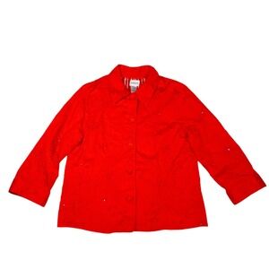 Chico's Size 1 M Beaded Embroidered Button‎ Up Jacket Red Poinsettia Christmas